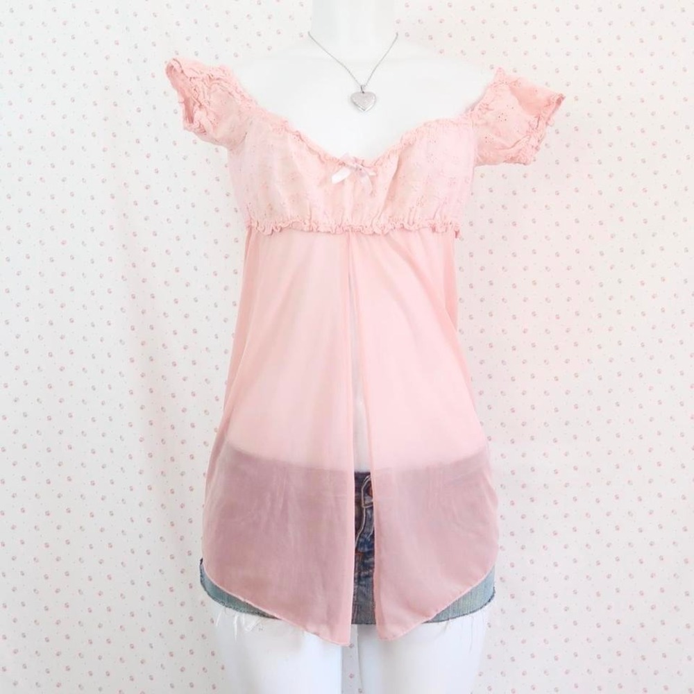 vintage pink sheer mesh babydoll cami eyelet lace coquette fairycore top